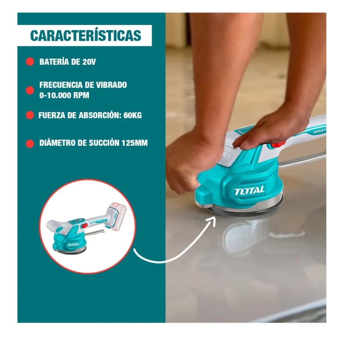 Ventosa Vibrador Soporta 60kg + Rodillera + Maletín + Batería y Cargador 20v Total6