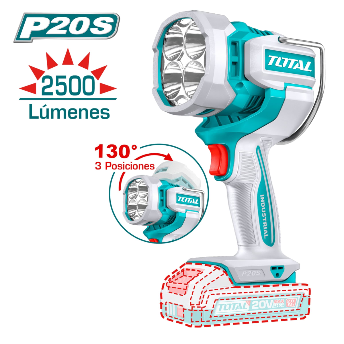 Linterna de Trabajo 20V 25000LM Industrial + 2 bat Total4