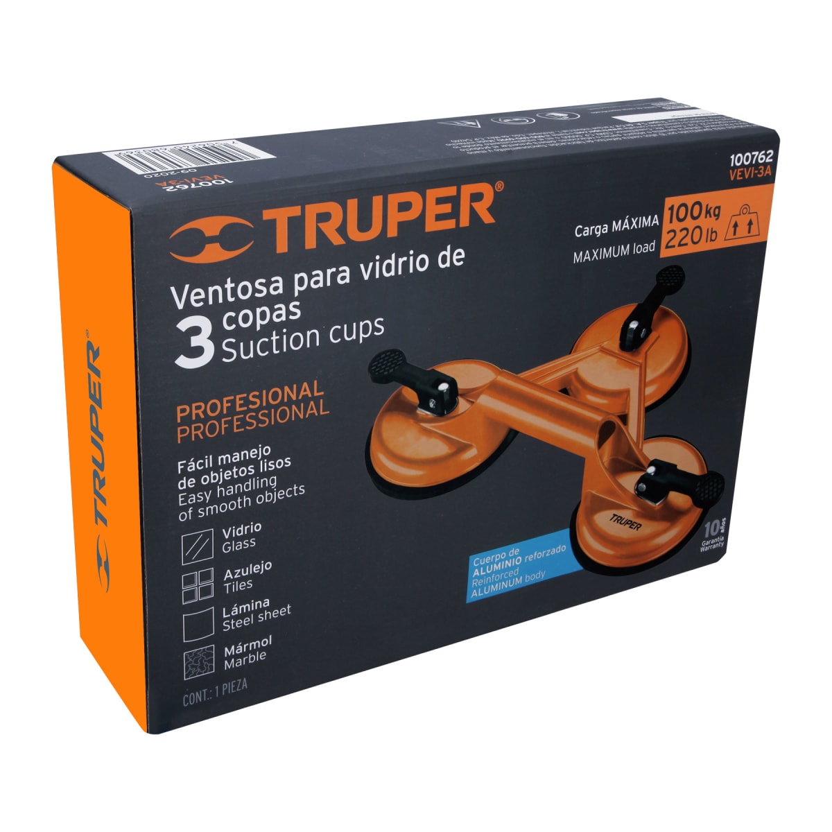 Ventosa de aluminio para vidrio 3 copas de succión Truper5
