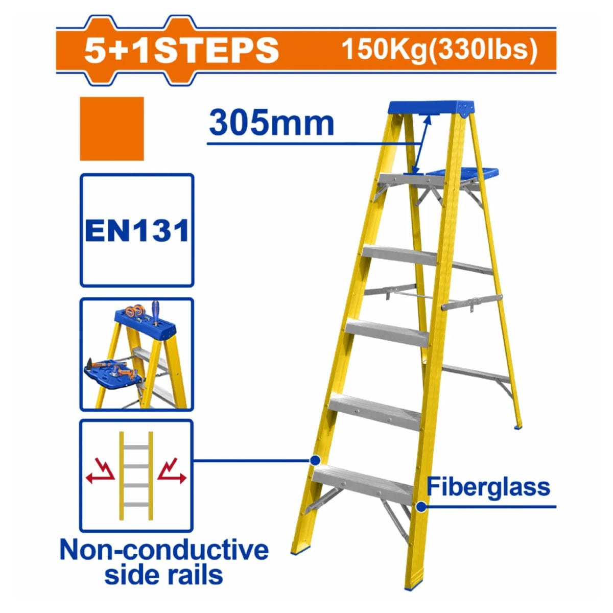 Escalera fibra de vidrio 5 pasos Wadfow + Taladro y linterna Total12
