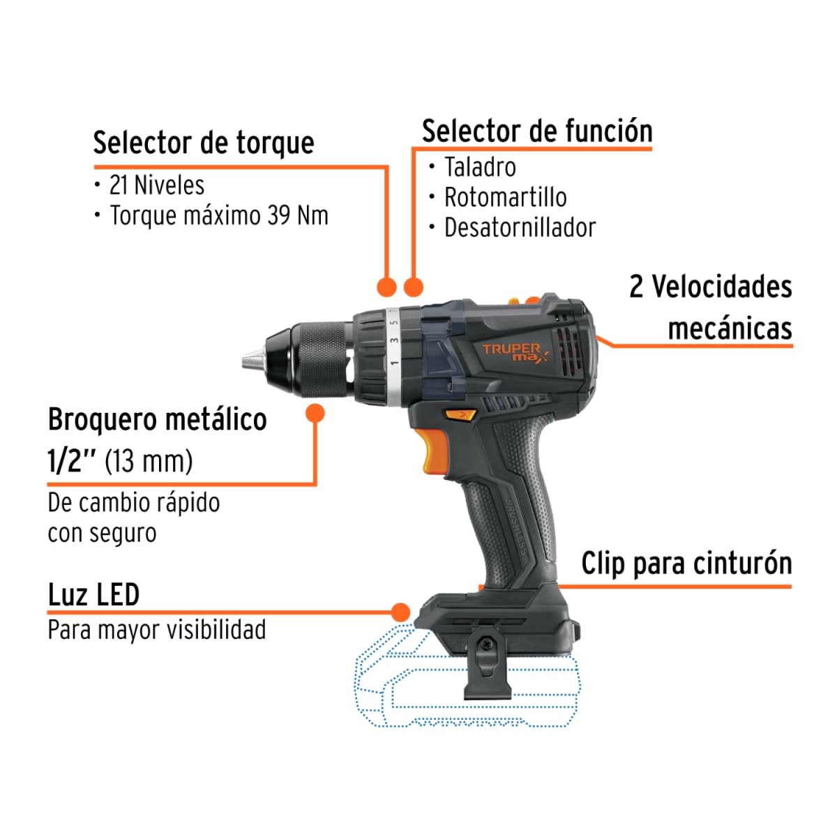 Taladro Percutor 20V + 1 bateria 2ah + 1 carg Truper Max3