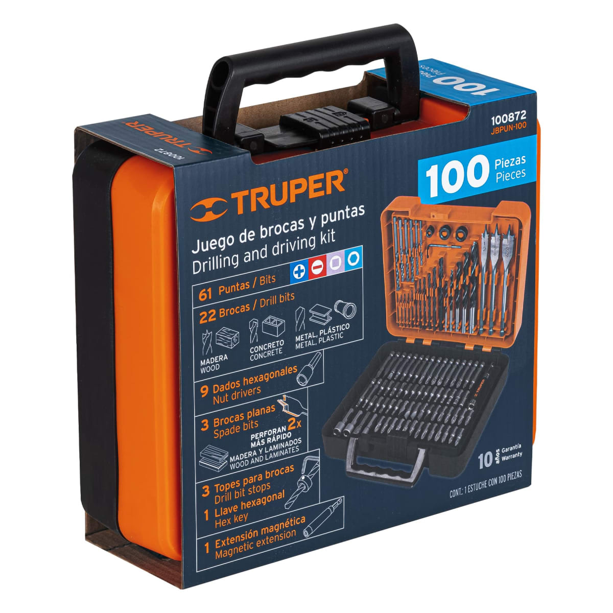 Taladro percutor 2 baterias  + juego de 100 brocas y puntas Truper10