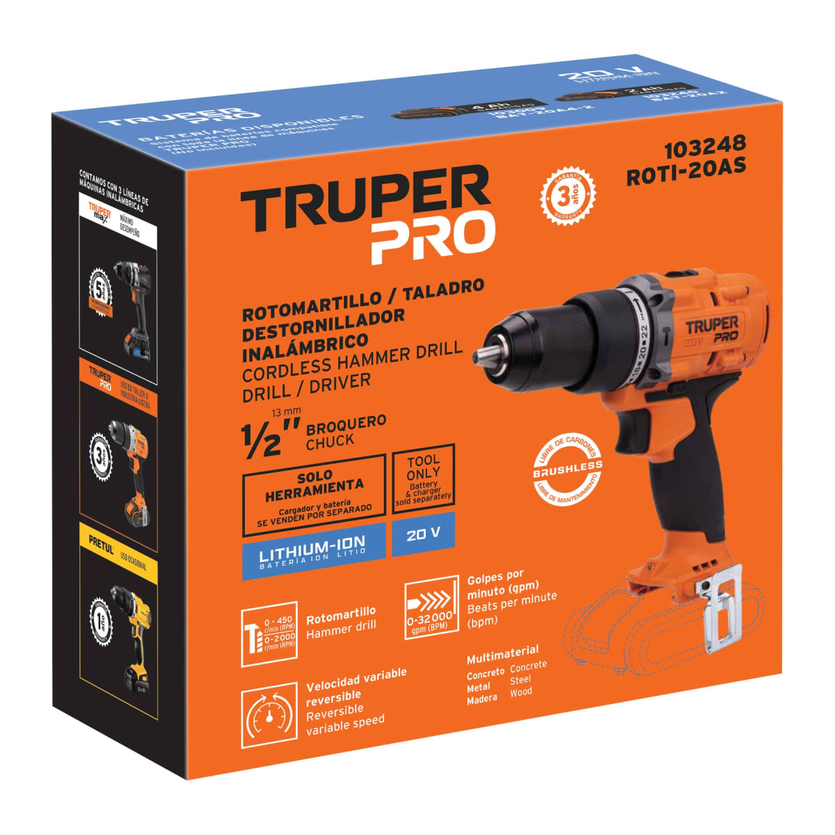 Taladro Percutor 20V + 2 Baterias 4 Ah + Cargador Truper9