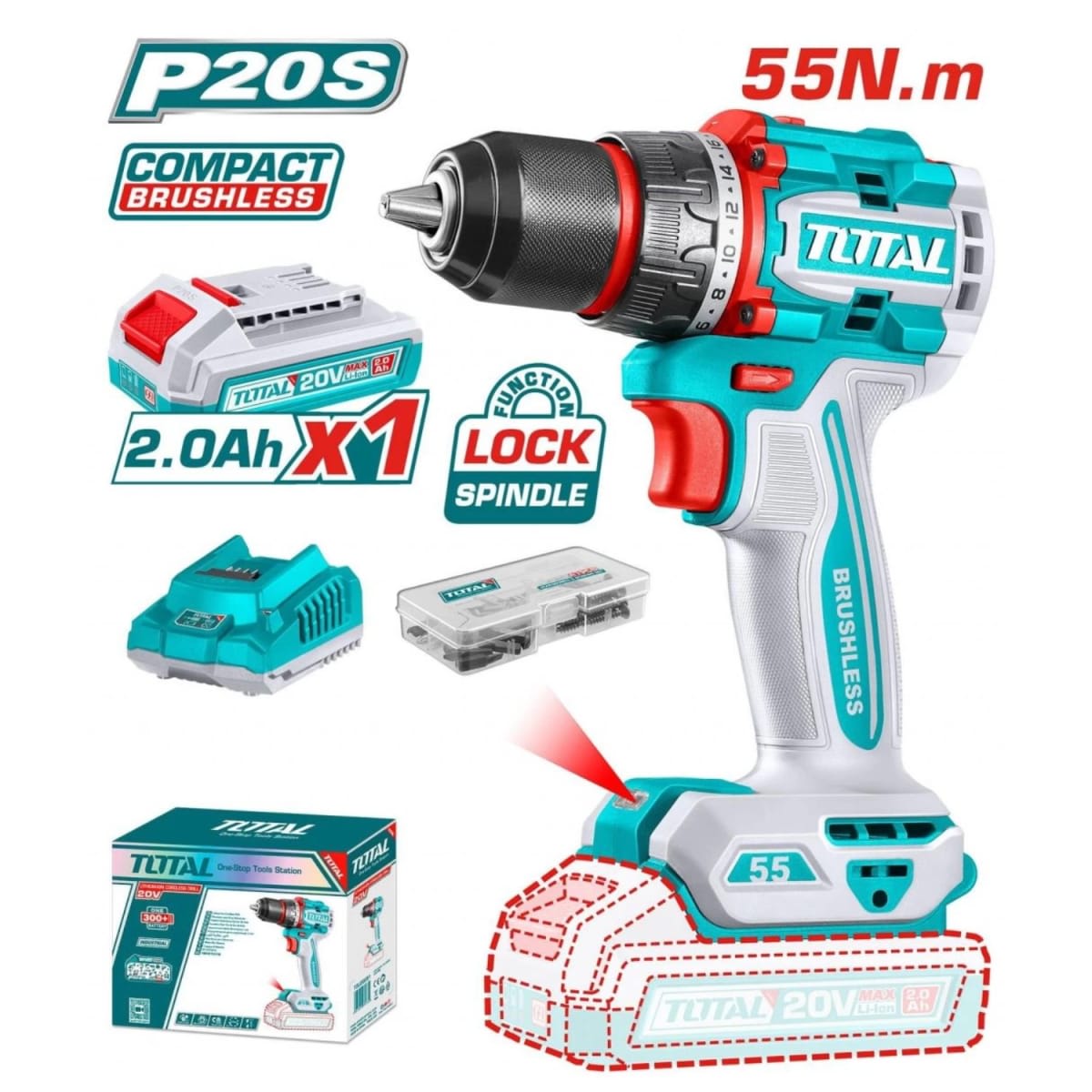 Taladro Atornillador 55nm + Accesorios + Bateria y Cargador 20v Total3