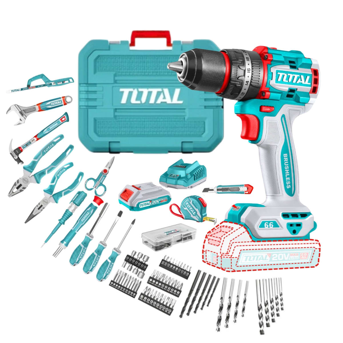 Taladro percutor 66nm 20v + 165 herramientas THKTHP11652 Total1