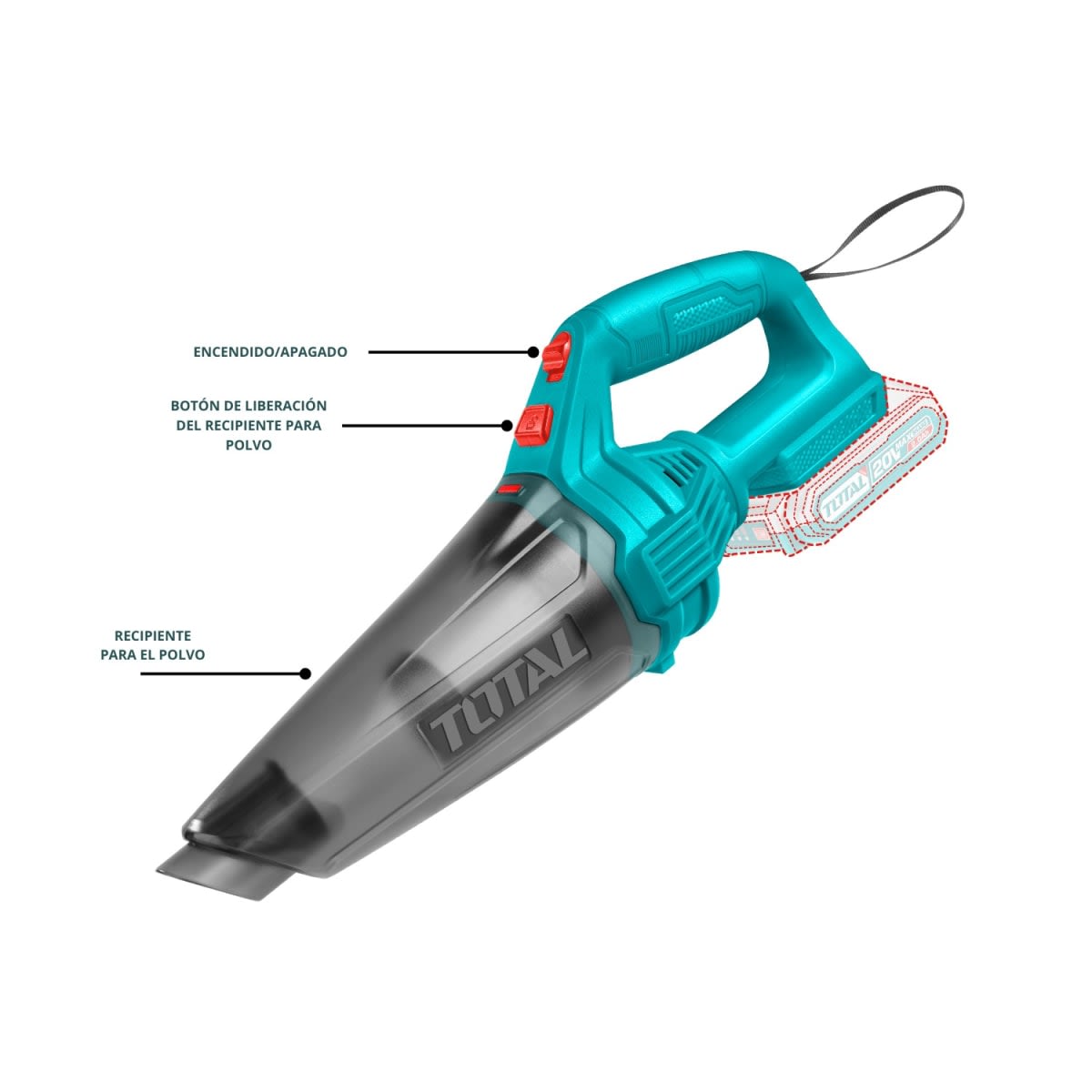 Aspiradora 0.5 litros 20v + 1 bateria 2ah + cargador Total6