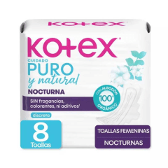KOTEX TOALLA HIGIENICA NOCTURNA X 8 DISCRETA TELA EXTRA SECA ALGODON PURO Y NATURAL