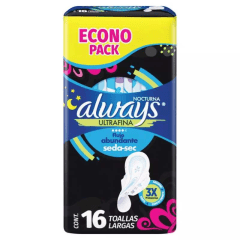ALWAYS TOALLA HIGIENICA NOCTURNA X 16 ULTRAFINA TELA MALLA LARGAS ABUNDANTE C/A