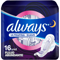 ALWAYS TOALLA HIGIENICA NOCTURNA X 16 ULTRAFINA TELA SUAVE FLUJO ABUNDANTE