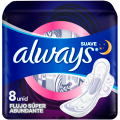 ALWAYS TOALLA HIGIENICA NOCTURNA X 8 NORMAL TELA SUAVE FLUJO SUPER ABUNDANTE