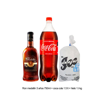 COMBO RON MEDELLIN 750 ML+COCA COLA 1.5 LT+HIELO 1.5 KG