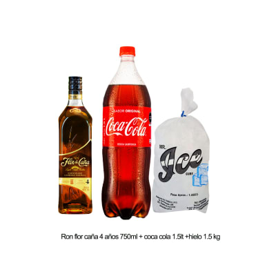 COMBO RON FLOR CAÑA 4 AÑOS 750 ML+COCA COLA 1.50 LT+HIELO 1.5 KG