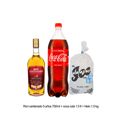COMBO RON CENTENARIO 5 AÑOS 750 ML+COCA COLA 1.5 LT+HIELO 1.5 KG