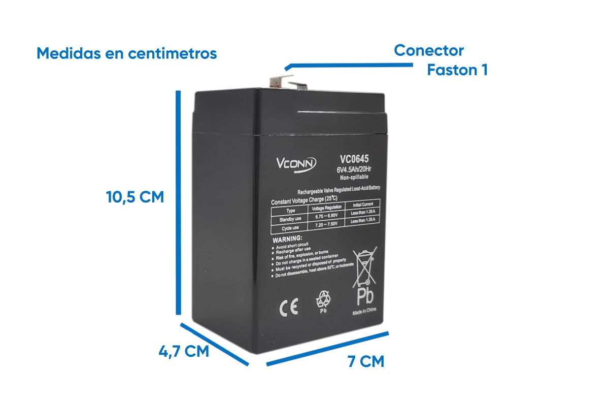 BATERIA DE PLOMO/ACIDO 6V 4 AMPERES RECARGABLE VC0645 VCONN2