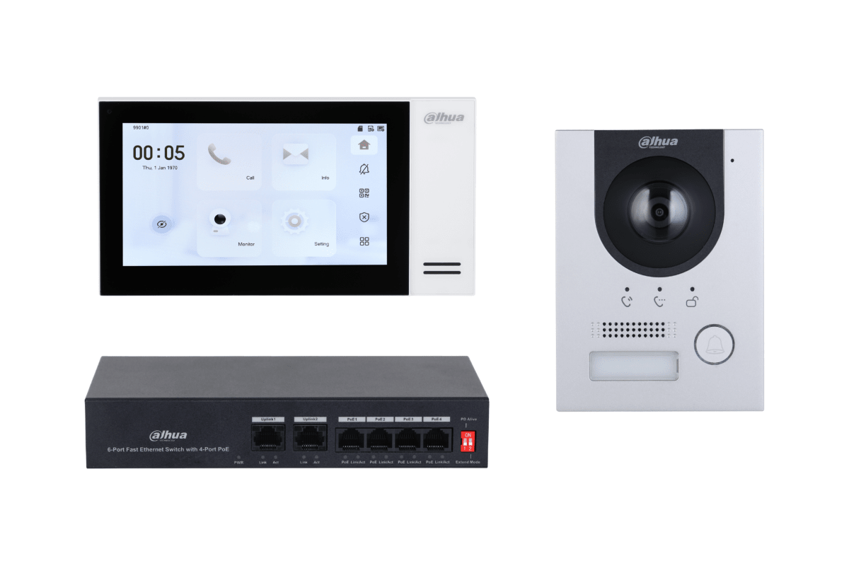 Kit IP Video Portero + Monitor + Switch Poe Dahua DHI-KTP01L(S)2
