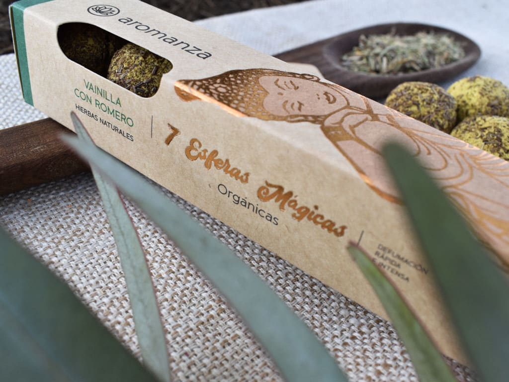 Sahumerio Esfera Organica Vainilla Romero - Aromanza2