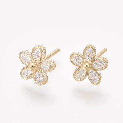 Aros topo topito flor zircón 9 mm baño oro / par