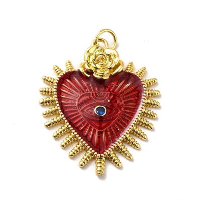 Dije colgante esmaltado corazón burdeo ojo turco 30 mm baño oro / unidad