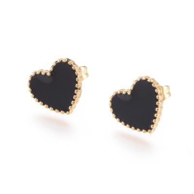 Aros topo topito corazón heart esmaltado negro acero / par
