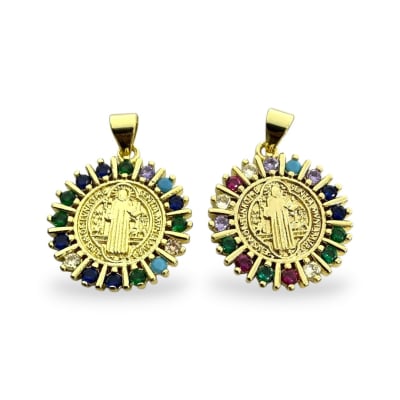 Dije colgante medalla san benito zircón 18 mm multicolor baño de oro / unidad