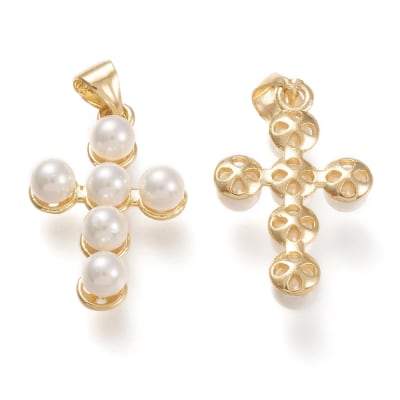 Dije colgante cruz perlada perla 22 mm baño de oro / unidad