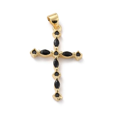 Dije colgante maxi cruz 30 mm zircón negro baño oro / unidad