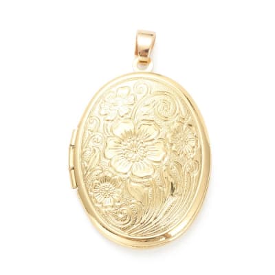 Relicario foto portafoto locket ovalado flores Baño de Oro / unidad