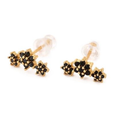 Aros topo topito flores negra 12.5 mm baño oro / par