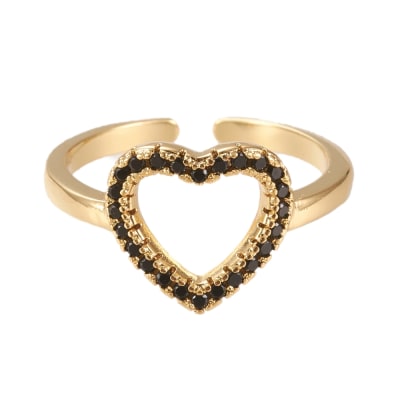 Anillo ajustable corazón zircón negro baño de oro / unidad