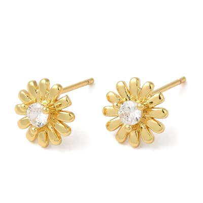 Aros topo topito flor con zircón 9 mm baño de oro / par
