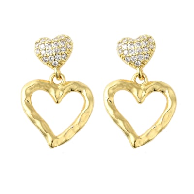 Aros topo topito doble Corazón 30 mm zircón baño oro / par