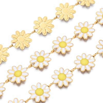 Cadena figura flor margarita esmaltada baño de oro acero/ metro