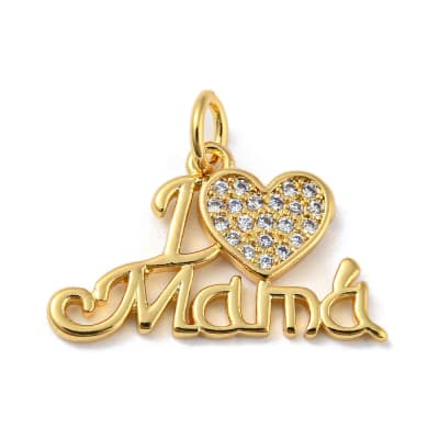 Dije colgante corazón I love mamá  20.5 mm zircón baño oro / unidad