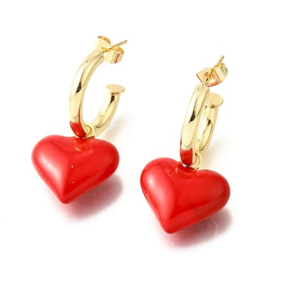 Aros argollas con corazón esmaltado rojo colgante baño de oro / par