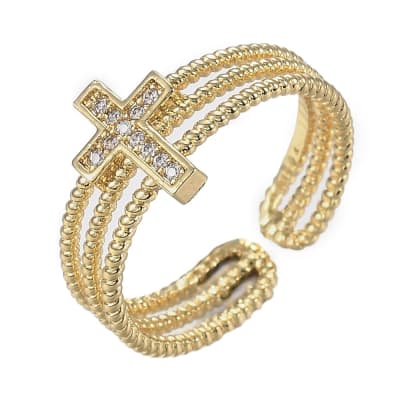 Anillo ajustable cruz baño de oro / unidad