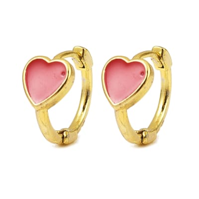 Aros argollas huggie corazón rojo 14 mm baño oro / par