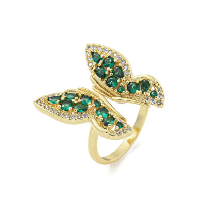 Anillo ajustable mariposa zircón verde baño de oro / unidad