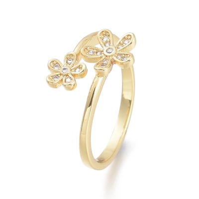 Anillo ajustable doble flor zircón baño de oro / unidad