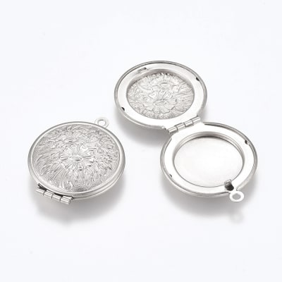 Relicario foto portafoto locket redondo flor acero plateado / unidad