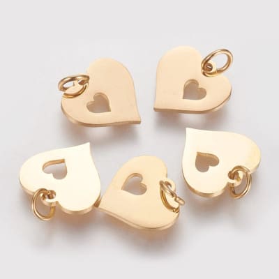 Dije colgante doble corazón acero dorado plateado / unidad