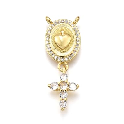 Dije conector vitela cruz sagrado corazón 30 mm zircón baño oro / unidad