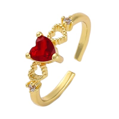 Anillo ajustable corazón rojo zircón baño de oro / unidad