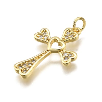 Dije colgante cruz corazón 24 mm baño oro / unidad