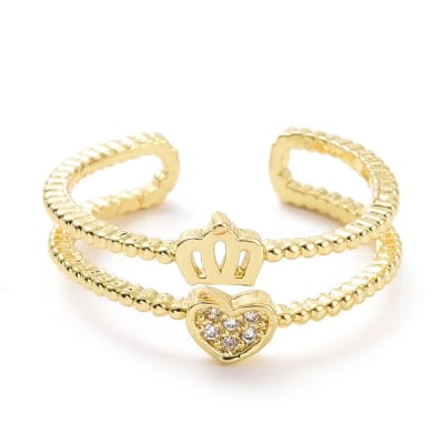 Anillo ajustable doble corona corazón baño de oro / unidad