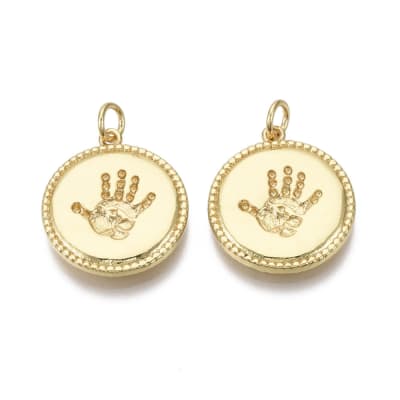 Dije colgante círculo huella palma mano 20 mm baño oro / unidad