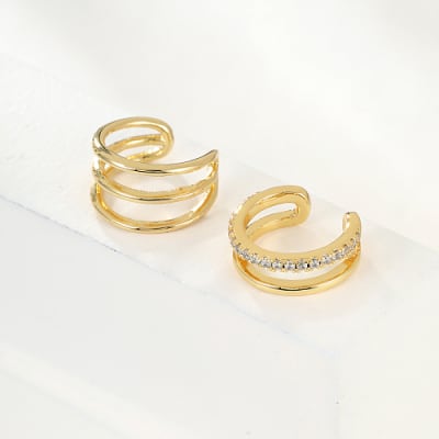 Pack 2 uds Ear cuff aros solitarios líneas zircón baño de oro / set