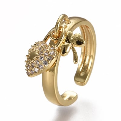 Anillo ajustable corazón trébol zircón baño oro / unidad