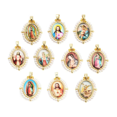 Dije colgante religioso esmaltado con perlas baño de oro / unidad