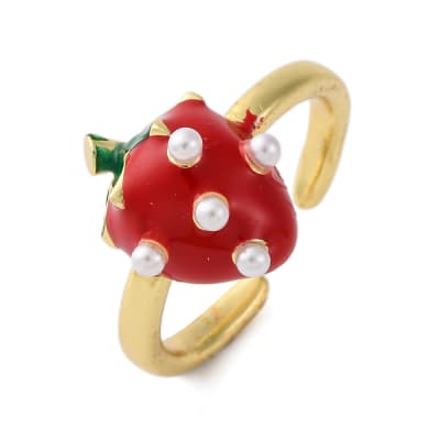 Anillo ajustable frutilla fresa esmaltado perla baño oro / unidad