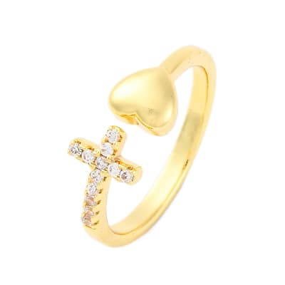 Anillo ajustable cruz corazón zircón baño oro / unidad